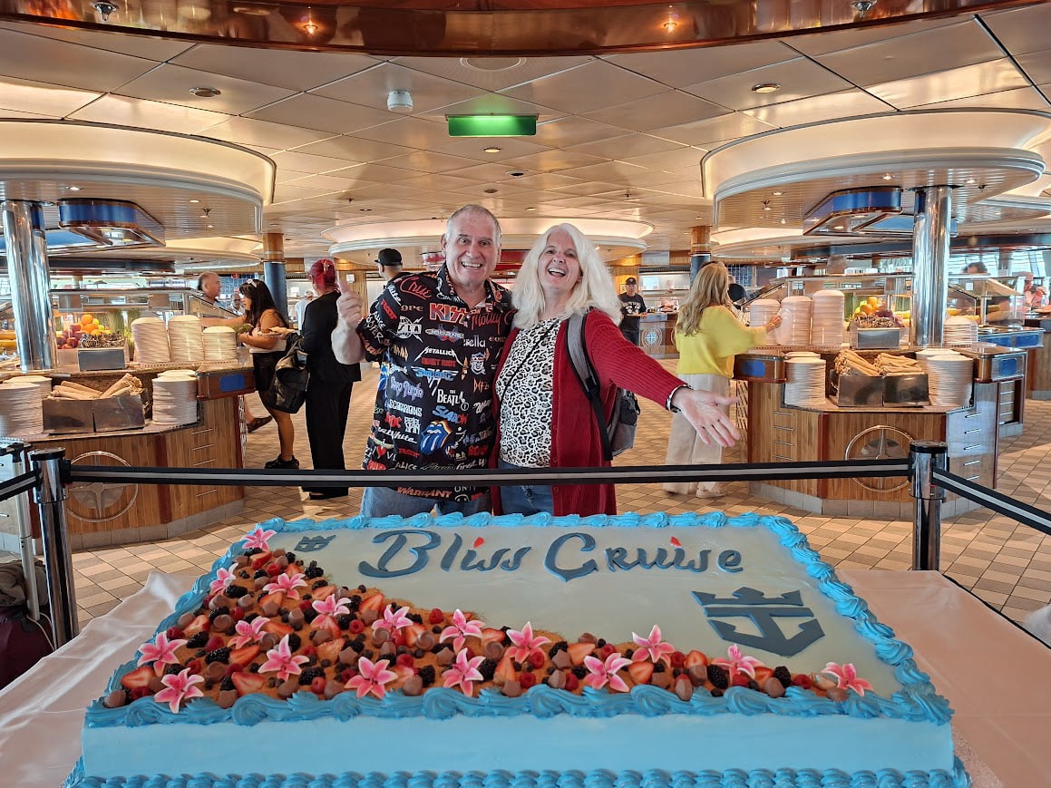 Bliss Cruise experience Hugh and Judy buffet cake Royal Caribbean