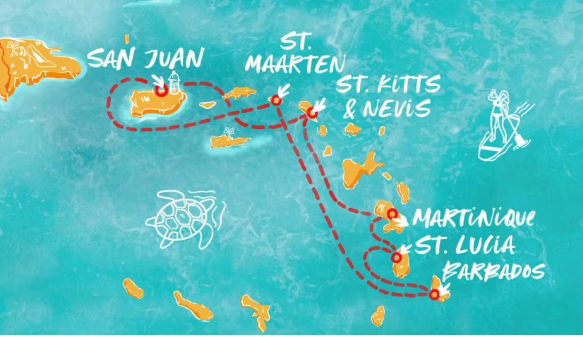 Virgin Voyages Southern Caribbean itinerary map from San Juan